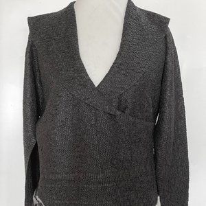 New Anne Fontaine France Black Crinkled Shawl Collar Crossbody Blouse Size L